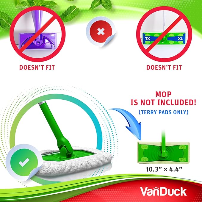 VanDuck Reusable 100% Cotton Mop Pads Compatible with Swiffer Sweeper (2-Pack), Terry Cloth Mop Covers Washable for Wet Mopping and Floor Cleaning (Handle is Not Included)