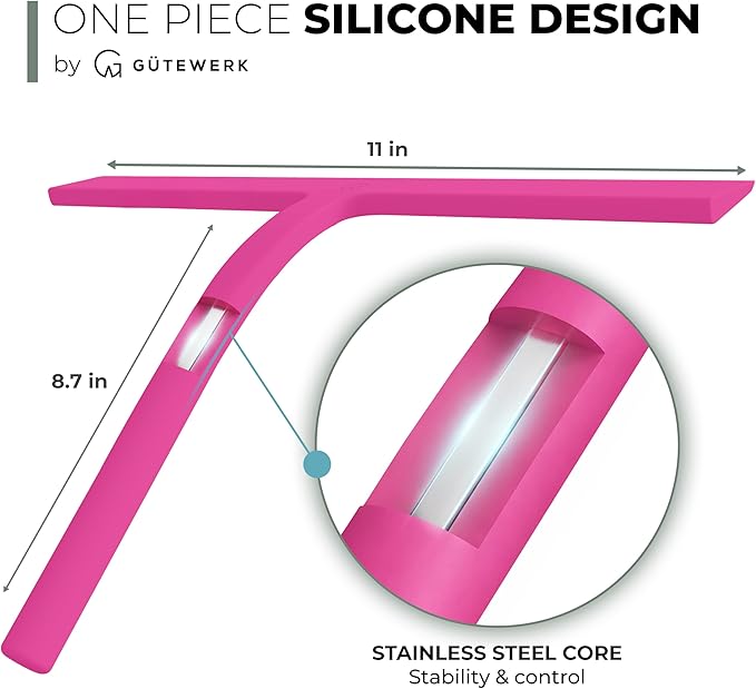 GÜTEWERK Shower Squeegee for Glass Doors, Silicone Window Squeegee, Bathroom and Glass Cleaning - Pink - 11 Inch