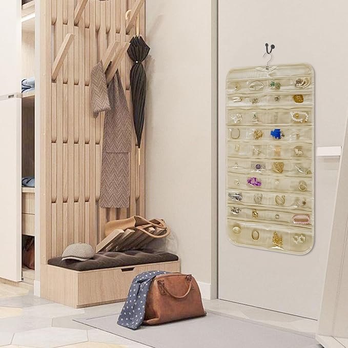 Hanging Jewelry Organizer Storage Roll with Hanger Metal Hooks Double-Sided Jewelry Holder for Necklaces, Earrings, Rings on Door, Wall, Closet, 48 Pocket Organizer,Beige