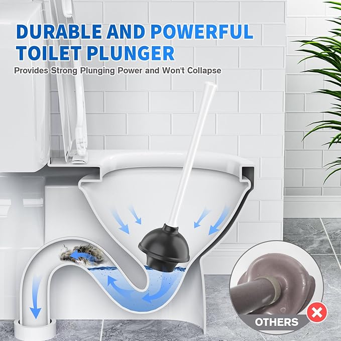 Toilet Plunger and Brush, Bowl Brush and Heavy Duty Toilet Plunger Set with Ventilated Holder, 2-in-1 Toilet Brush and Plunger Combo for 5.3-inch Toilet Drain Bathroom Cleaning (White)