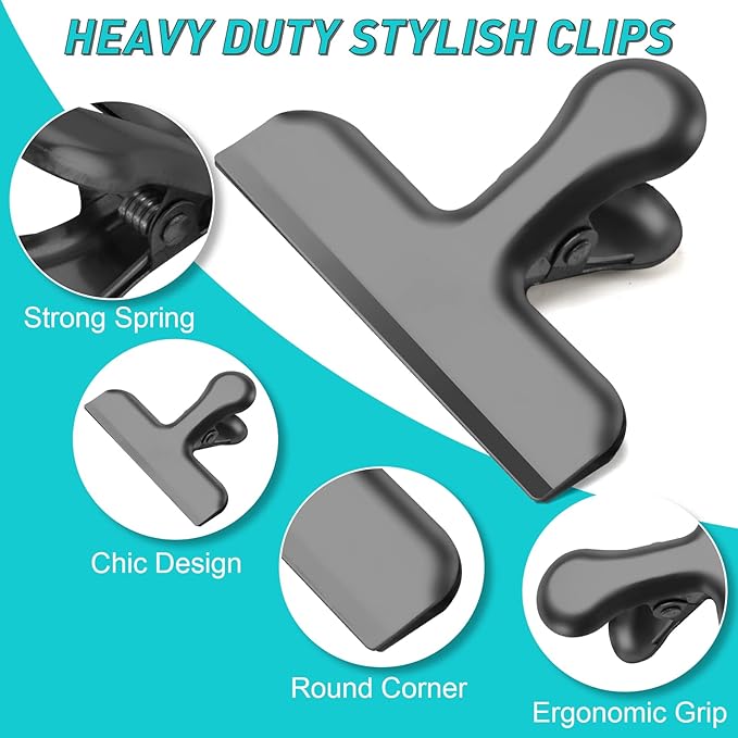 Funfery Stainless Steel Black Chip Clips 3" Bag Clips for Kitchen Storage,Food,Snacks,8 Pack Large Metal Clip for Food Packages,Chips,Paper and Home&Office