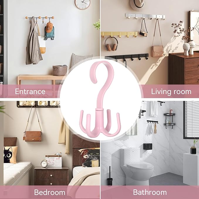2PCS Rotating Handbag Hanger, 360 Degree Rotating Closet Organizers with 4 Claws, Scarf Tie Rack Hooks for Belts 4 Colors, Multifunctional Closet Handbag Hook Scarf Hanging Rack for Bedroom(Pink)