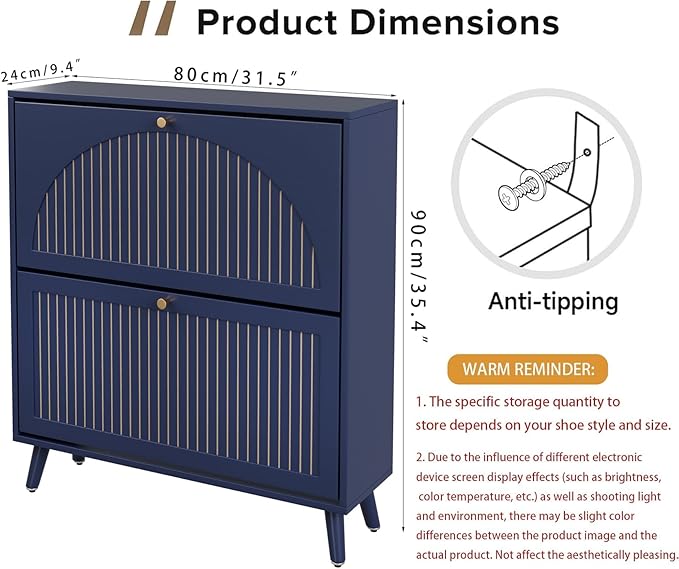 Shoe Storage Cabinet for Entryway with 2 Flip Drawers, Narrow Wood Shoe Cabinet with Fluted Panel, Freestanding Hidden Shoe Organizer for Foyer, Hallway (Blue - with Shelf)