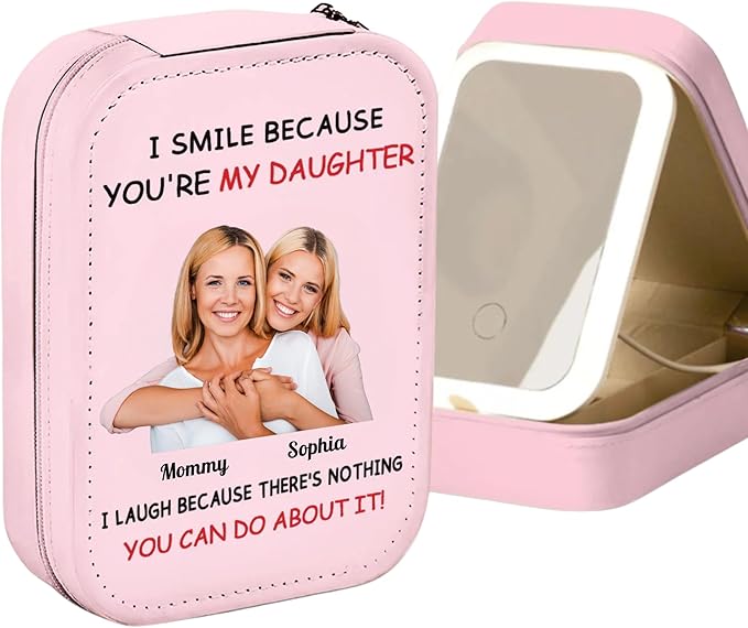 I Smile Because You're My Daughter Personalized Custom Jewelry Box with LED Mirror, Custom Photo Mom Daughter Leather Jewelry Box, Daughter Travel Jewelry Boxes, Daughter Birthday Gifts from Mom