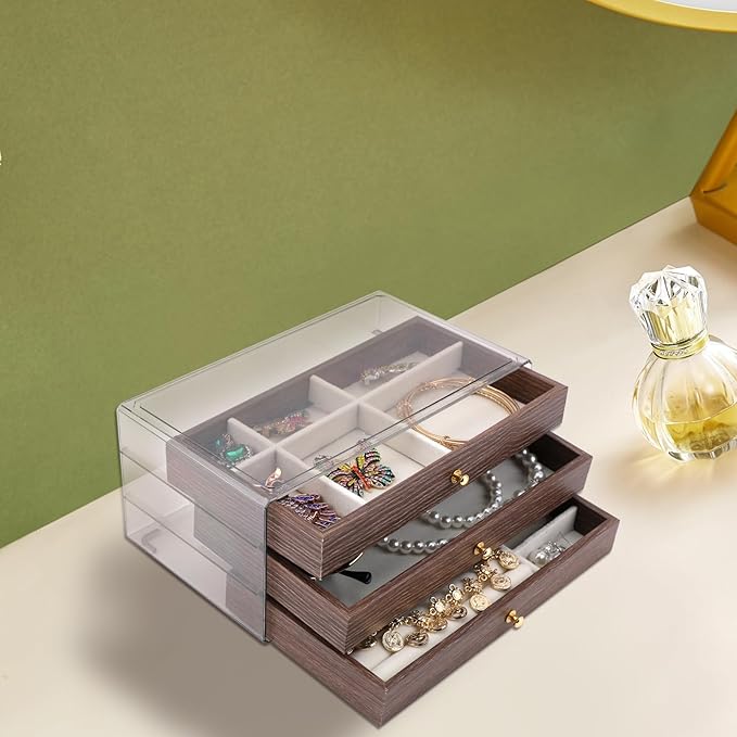 3 Layer Wooden Drawers Jewelry Box Vintage Style Jewelry Organizer with Acrylic Cover, Jewelry Storage Display Box for Ring Earrings Necklace Bracelet Box for Women and Girls Farmhouse Style Wood