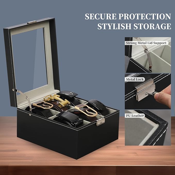 AUTOARK PU Leather Belt Organizer with 6 Compartments & Transparent Glass Top,Compact Storage for Belts,Ties,and Accessories,Perfect for Men, Women,and Home Organization,MKAW240
