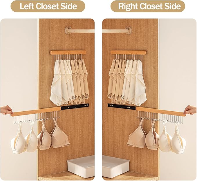 Pull Out Belt Rack for Closet, Sliding Hooks Hanger Rack for Bras Ties Tank Top Scarf Jewelry, Space Saving Organizr for Wardrobe Cabinet, Left Side 8 Hooks Rail, 2 Pcs
