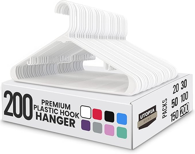 Utopia Home Plastic Hangers 200 Pack - Clothes Hanger with Hooks - Durable & Space Saving (White)