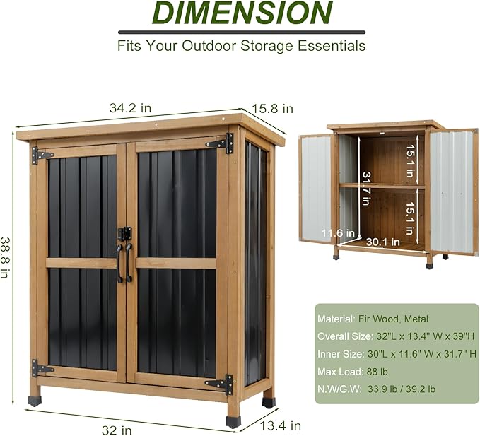 Small Outdoor Storage Cabinet Wood & Metal, Small Garden Tool Storage Cabinet with Asphalt Roof, Double Lockable Doors & Removable Shelves for Porch, Patio, Garden, Backyard