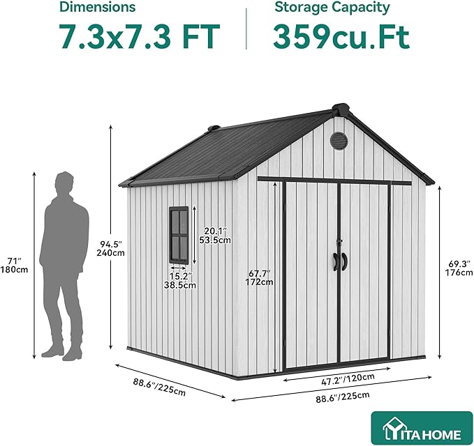 YITAHOME 8X8FT Large Storage Shed with Vision Window, Weatherproof Extra Thick Tool Storage, 16mm Heavy Duty Outdoor Storage Sheds with Floor, Lockable Door & Vents for Patio, Lawn Mower, Bike, Gray