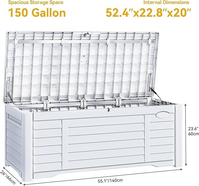 DWVO Large Deck Box 150 Gallon Waterproof Outdoor Storage Box, Extra Large Outdoor Bin, Resin Louvered Patio Storage for Indoor Pillows, Garden Tools & Pool Supplies, Lockable, White