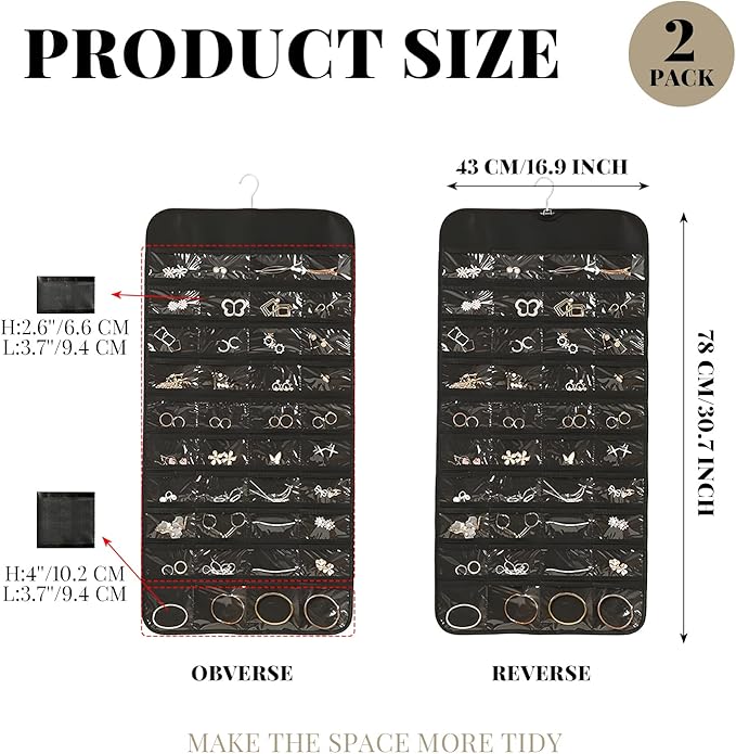 2 Pack Jewelry Hanging Organizer 80 Pocket with Hanger Hook, Double Sided Hanging Wall Jewelry Holder for Closet, Over Door Necklace Earring Storage Roll Bag for Women Ring Bracelet, Black