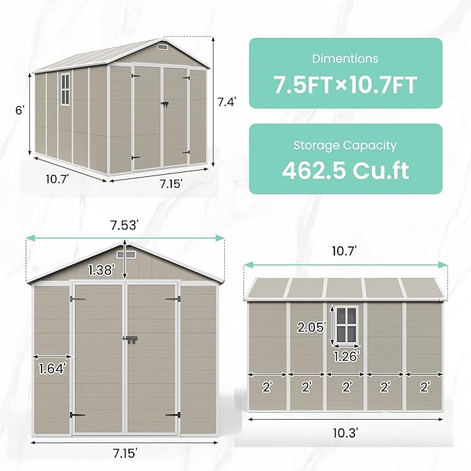 UDPATIO Outdoor Storage Shed 7.5x10.7 FT, Plastic Sheds & Resin Outside Storage for Trash Can, Bike, Lawnmower, Generator, Tool Shed with Lockable Door for Backyard, Lawn, Patio, Sandstone