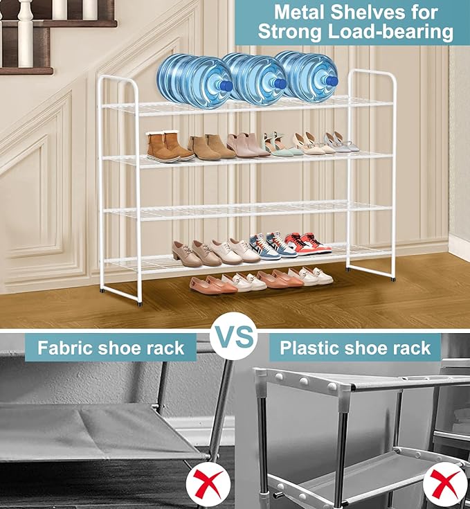 AOODA 4 Tier Long Metal Shoe Rack for Closet Wide Stackable Shoe Storage Organizer for Entryway, Bedroom, Floor, Holds 30 Pairs Men Sneakers Large Boot Shelf with Wire Grid, White