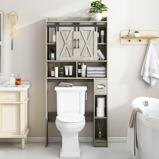 Vabches Over The Toilet Storage Cabinet, Farmhouse Storage Cabinet Over Toilet with Sliding Door& Toilet Paper Holder Stand，Home Space-Saving Toilet Rack, for Bathroom, Restroom, Laundry