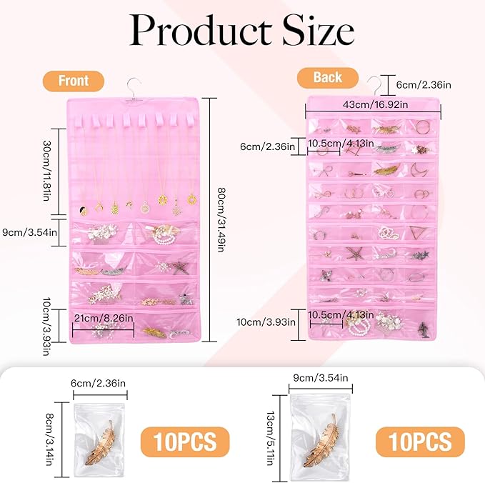 WRENYZK 2 Pcs Hanging Jewelry Organizer with Metal Hooks, Jewelry Holder Organizer with 20 Pcs Storage Bags, 48-Pocket Dual-sided Jewelry Storage for Earring Necklace Bracelet Ring (Black, Pink)