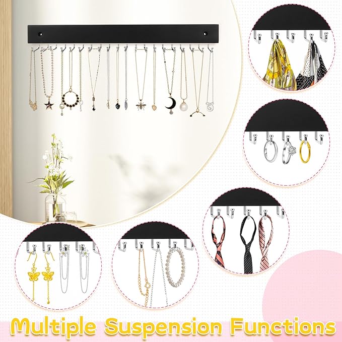 4 Pack Necklace Holder Wall Mount, Hanging Jewelry Organizer with 80 Hooks Total, Space Saving Wooden Necklace Holder for Wall, Necklace Organizer Hanging for Necklaces, Bracelets, Pendant