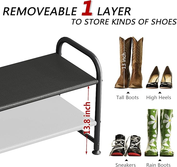 Shoe Rack 2 Tier Long Storage Organizer Wide Metal Shoe Shelf for Closet Entryway Black