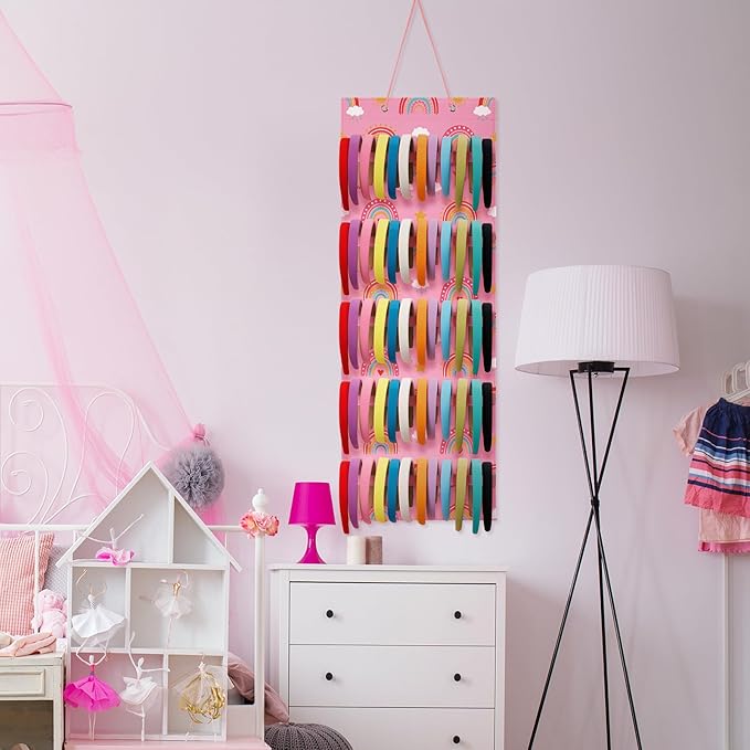 Tudomro Hanging Headband Holder for Girls Felt Hair Accessories Organizer with 60 Elastic Bands Bow Hanger for Girls Hair Bows Without Headbands(Rainbow,Pink)