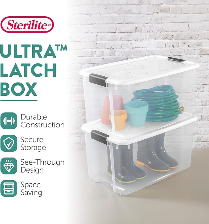 Sterilite 20-Pack Ultra Latching Box, Storage Bins with Lids, Clear Plastic, 70 Quart - Heavy-Duty Organizing Containers for Closet, Bathroom, and Office