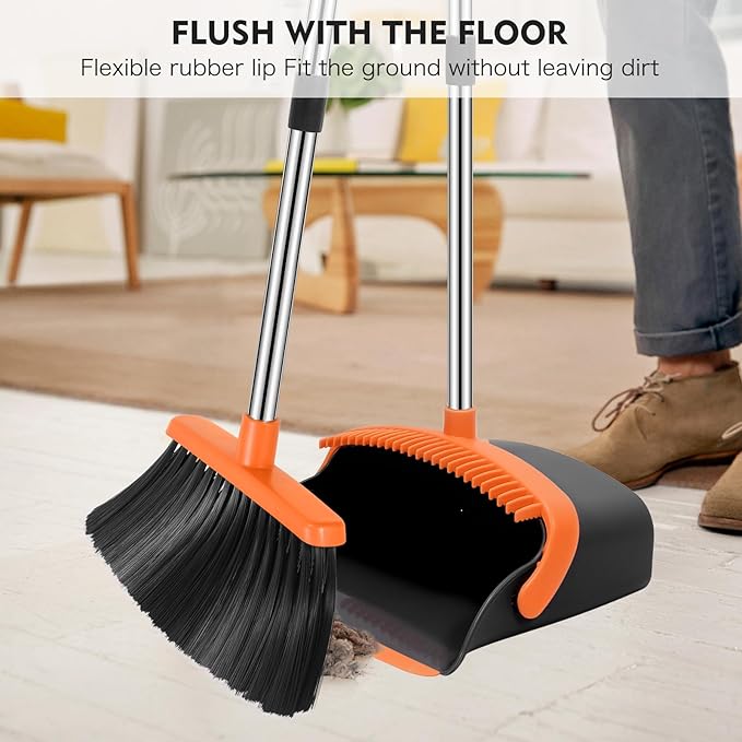 Broom and Dustpan Set, 55-in Long Adjustable Handle Broom with Dustpan Combo Set with Dustpans Teeth to Automatically Clean Hair Suitable for Home Kitchen Office Hall Lobby, Large(Black&Orange)
