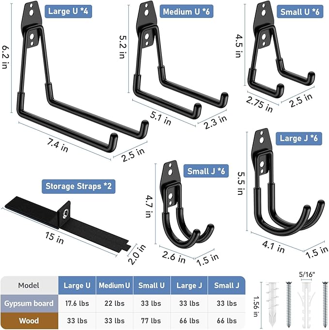 30 Pack Garage Hooks Heavy Duty, Rust-Resistant Solid Steel Wall Mount Hangers for Hanging Ladders & Bikes, Non-Slip PVC Coating Tool Organizer, 5 Sizes U & J Shapes + 2 Straps
