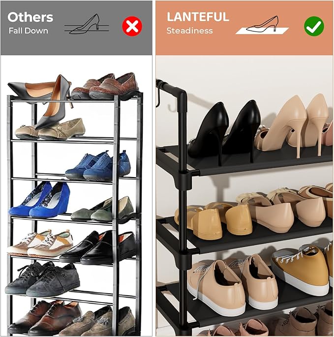 5 Tier Shoe Rack for Closet Shoe Organizer with 5 Hooks, Long Shoe Shelf Storage for Shoe and Boot Stackable Free Standing Shoe Rack for Entryway, Garage, Small Spaces, Dorm, Black