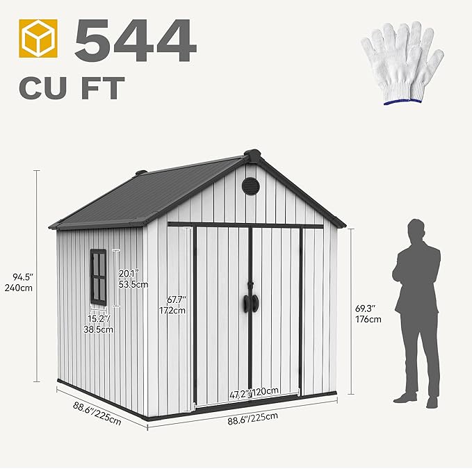 DWVO 8x8 FT Outdoor Storage Shed, Plastic Storage Shed with VisionWindow, Lockable Door & Floor, 16mm Heavy Duty All-Weather Tool Garden Shed with Vent for Patio Bike Lawn Mower Pool Supplies, Gray
