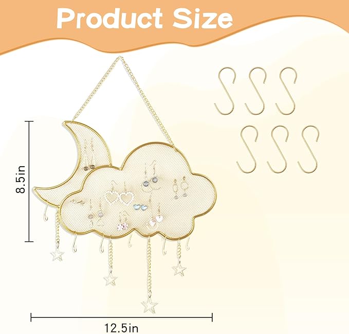 WCHOSOZH Hanging Earring Holder Organizer, Metal Wall Mounted Jewelry Holder with 6PCS Hanging Hooks, Moon Cloud Shape Necklace Display Rack and Storage for Earrings Necklace Bracelet (Gold)