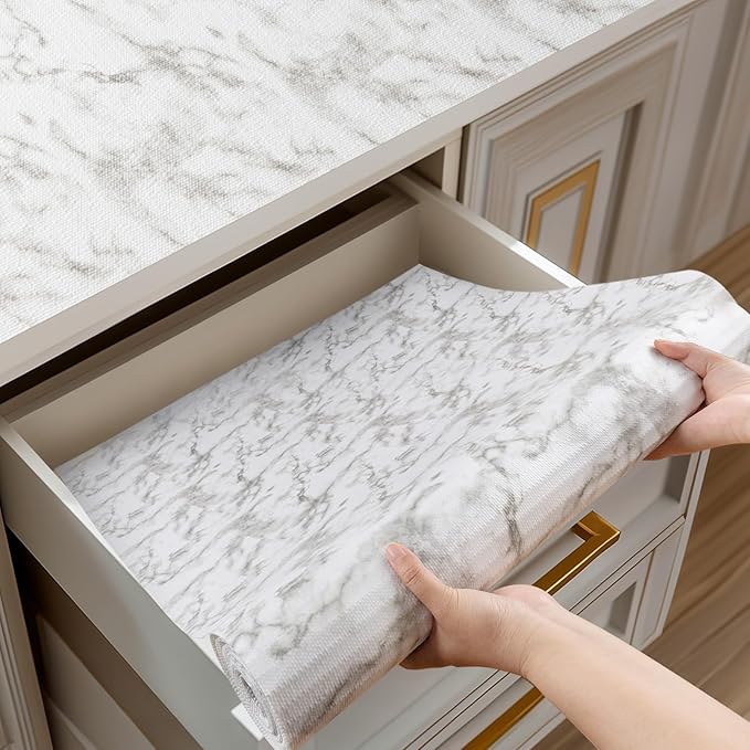 Shelf and Drawer Liner for Kitchen Cabinets Non-Adhesive, Strong Grip Non-Slip Thickened Cabinet Liners for Shelves, Waterproof Mats for Dresser Cupboard, White, 17 in x 30 Feet