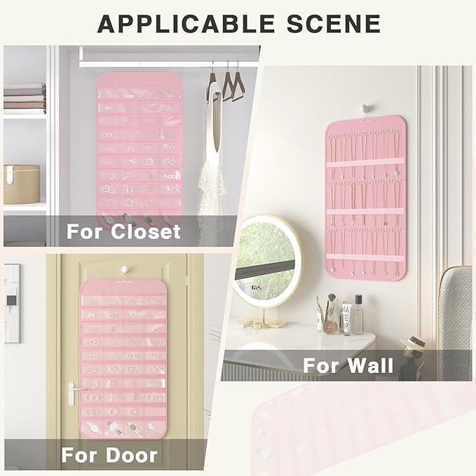 Hanging Jewelry Organizer Storage, 40 Pockets 36 Hooks Necklace Earring Necklace Bracelet Ring Organizer, Double - Sided Design, Pink