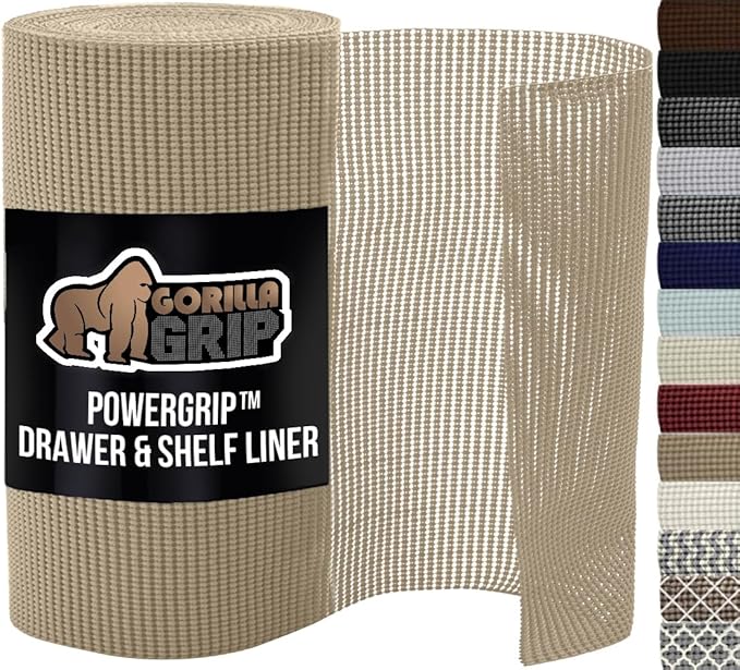 GORILLA GRIP powerGRIP Drawer Shelf and Cabinet Liner, Thick Strong Hold, Non-Adhesive Liners Protect Kitchen Cabinets and Cupboard, Bathroom Drawers, Easy Install, Breathable Mat, 12" x10', Beige