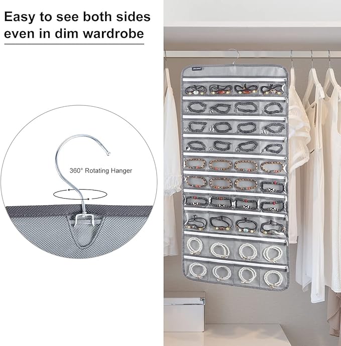 Dual-sided Hanging Jewelry Organizer with 40 Zippered Pockets and 20 Hook Loops Necklace Holder Jewelries Organizer for Earrings Bracelets Rings with 360 Degree Rotating Hanger (40 Zippered Pockets and 20 Hook Loops-Grey)