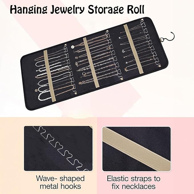 Hanging Jewelry Organizer Storage Roll with Hanger Metal Hooks Double-Sided Jewelry Holder for Earrings, Necklaces, Rings on Closet, Wall, Door, 1 piece, Extra Large, Black