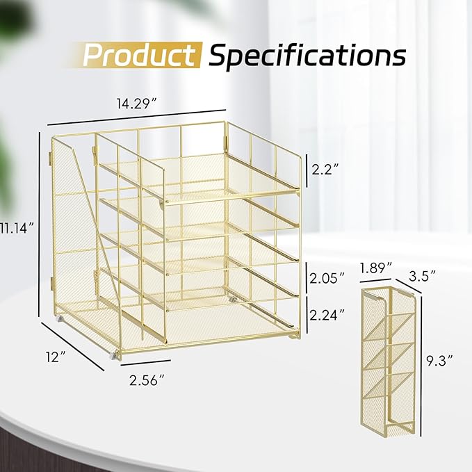 Gold Desk Accessories, 5-Tier Desk Organizer with Magazine Holder, Paper Organizer with Pen Holder for Home, Office or School Supplies