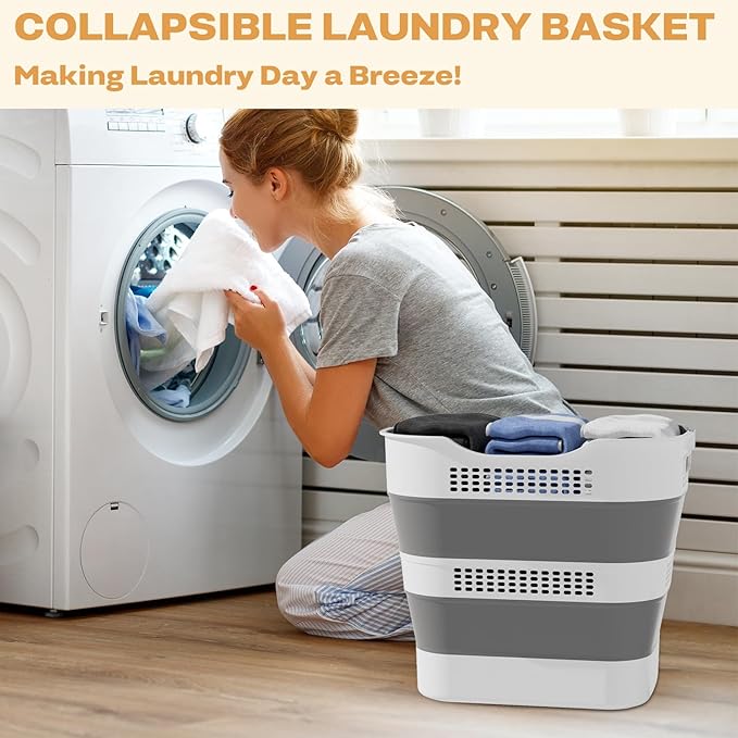 43L(11.5Gallon) Collapsible Laundry Basket with Handles, Foldable Laundry Basket Plastc,Pop Up Tall Storage Container/Organizer/Clothes Hamper for Laundry (Grey,1 Pack)