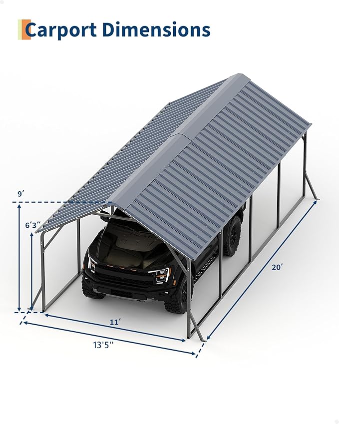 Garveelife 11'x20'x9' Metal Carport, Heavy Duty Steel Car Ports for All-Weather, Vertical Roof Design, for Full-Size Pickup Trucks, Boats, and Tractors