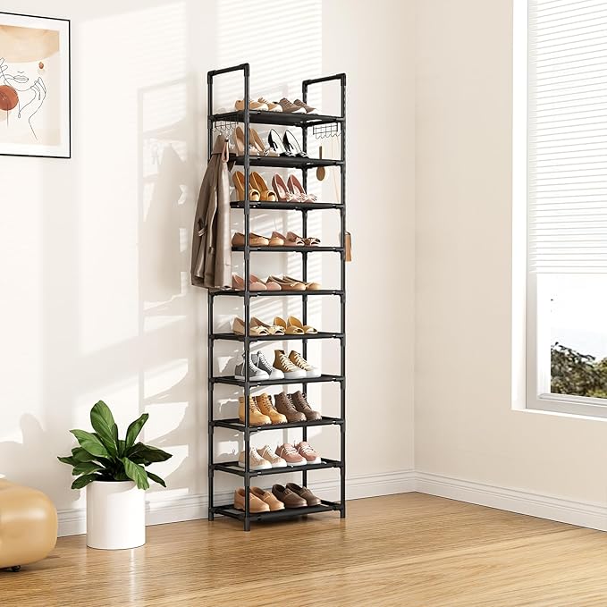 10 Tiers Shoe Rack 25 Pairs Large Capacity Tall Shoe Organizer Sturdy Shoe Storage with Two Hooks Space Saving Metal Narrow Shoe Rack for Closet, Entryway, Bedroom, Black