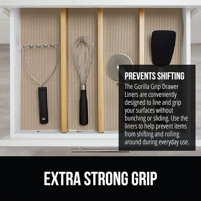 GORILLA GRIP powerGRIP Drawer Shelf and Cabinet Liner, Thick Strong Hold, Non-Adhesive Liners Protect Kitchen Cabinets and Cupboard, Bathroom Drawers, Easy Install, Breathable Mat, 12" x30', Beige