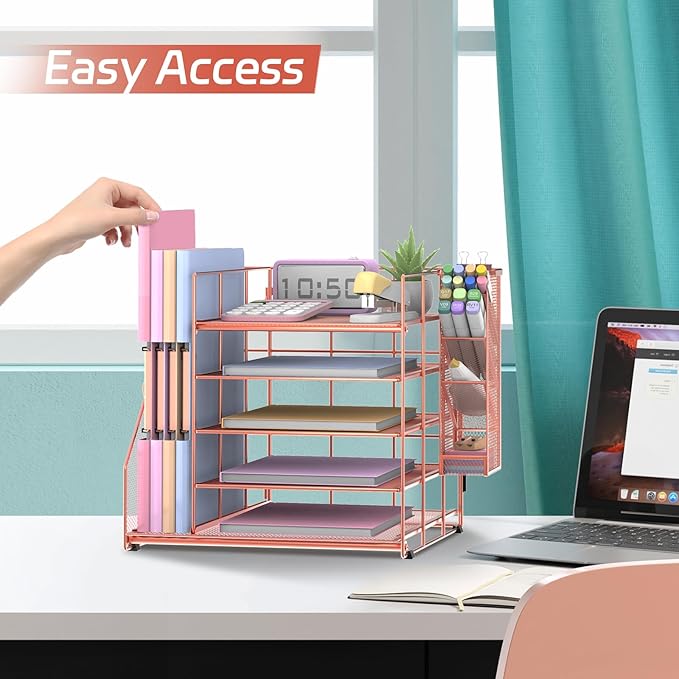 Rose Gold Desk Accessories, 5-Tier Desk Organizer with Magazine Holder, Paper Organizer with Pen Holder for Home, Office or School Supplies