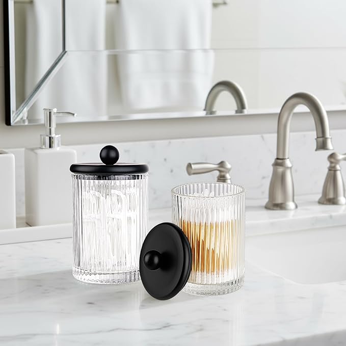 SheeChung 1-Pack Black Ribbed Glass Qtip Holder - Apothecary Jar Bathroom Organizer with Metal Lid - Small Vanity Canister for Cotton Swabs, Rounds, Floss Picks - Modern Luxury Decor