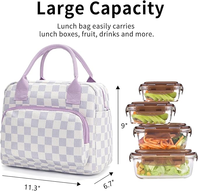 Lunch Bag Women Lunch Box for Women Adult Cute Insulated Lunch Bag Lager Cooler Lunch Tote Bags for Work Picnic (Beige-Purple Plaid)