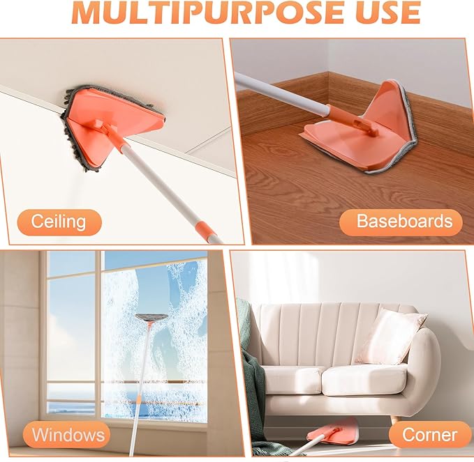 RONSUNG Wall Cleaner Triangle Mop with 82'' Long Handle - Wall Scrubber, Cleaning Washer Tool with 6 Pads for Clean Walls, Ceiling, Windows, Floors, Baseboards (Orange)