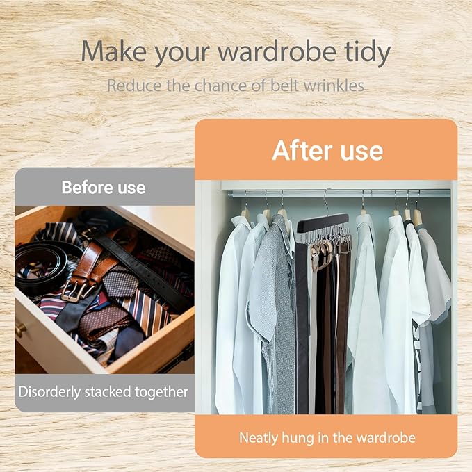 2 Pack Wooden Multi-Functional Belt Hanger with 20 Collapsible Metal Hooks - Closet Belt Organizer, Tie Holder & Belt Hooks for Space Saving, Perfect for Men’s Accessories Storage