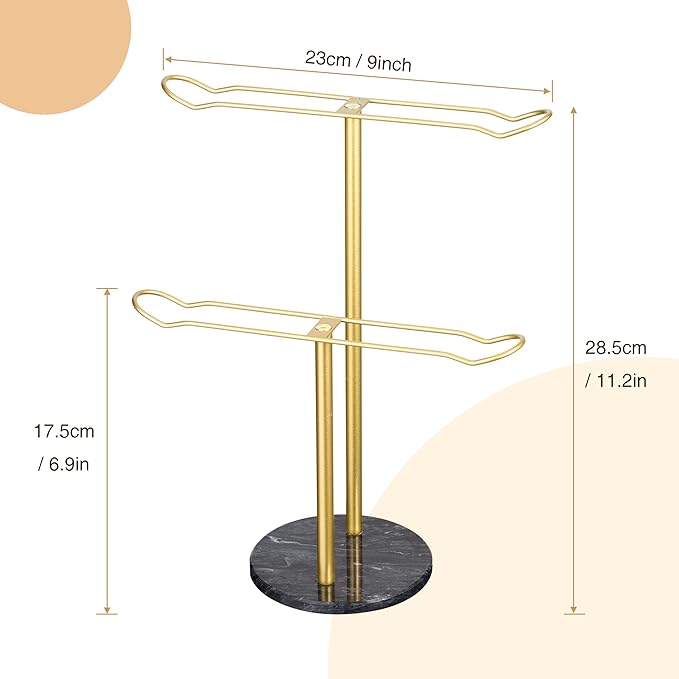Headband Holder Organizer Two-Tier with Marble Base: Jewelry Display for Women, Hair Accessories Storage Stand Scrunchie Necklace rack for Girls, for Bathroom, Vanity, Dresser, Black and Gold