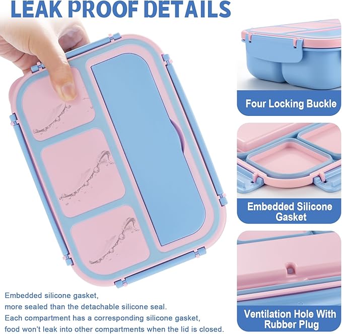 Bento Box Adult Lunch Box, Lunch Containers for Kids Girls Boys with 4 Compartments, Lunchable Food Container with Utensils, Sauce Jar, Muffin Liners, 40 Oz/5 Cup, Blue Pink