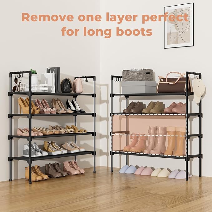 4 Tier Shoe Rack for Closet Shoe Organizer with 5 Hooks, Long Shoe Shelf Storage for Shoe and Boot Stackable Free Standing Shoe Rack for Entryway, Garage, Small Spaces, Dorm, Black