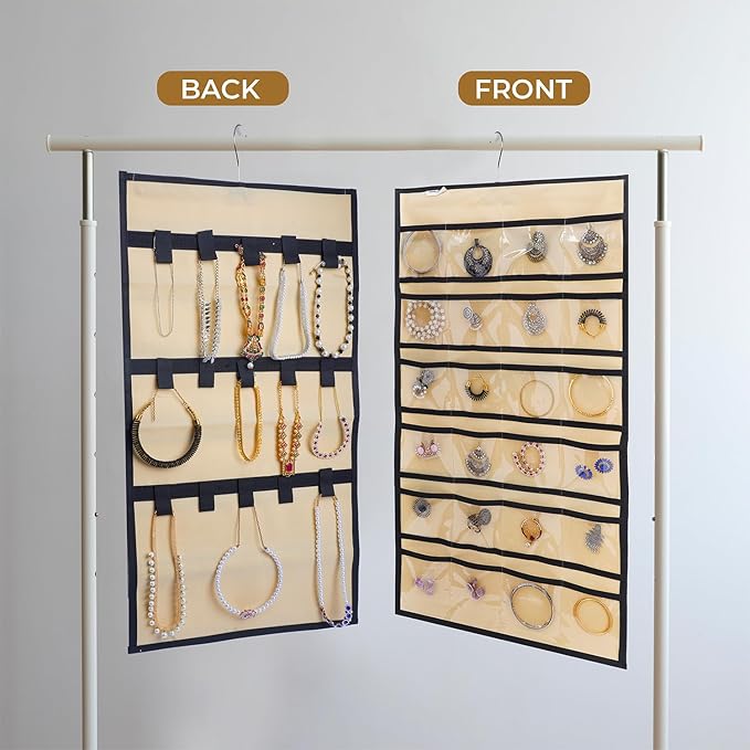Hanging Jewelry Organizer, Double-Sided Storage with 24 Clear Pockets & 15 Hook Loops, 360° Rotating Hanger, Foldable Closet Jewelry Holder for Necklaces, Bracelets, Rings, Earrings, Beige