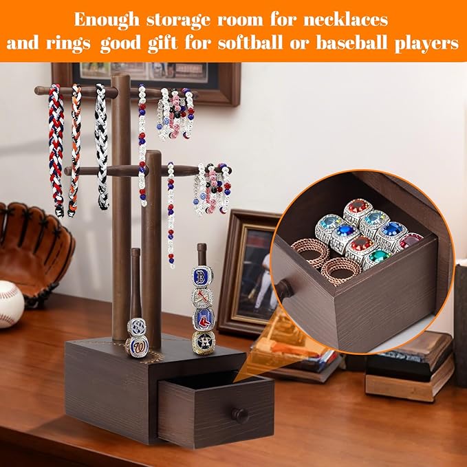 Baseball Necklace Holder and Ring Display with Storage, Wooden Softball Ring Holder Organizer for Championship Jewelry, baseball player gifts