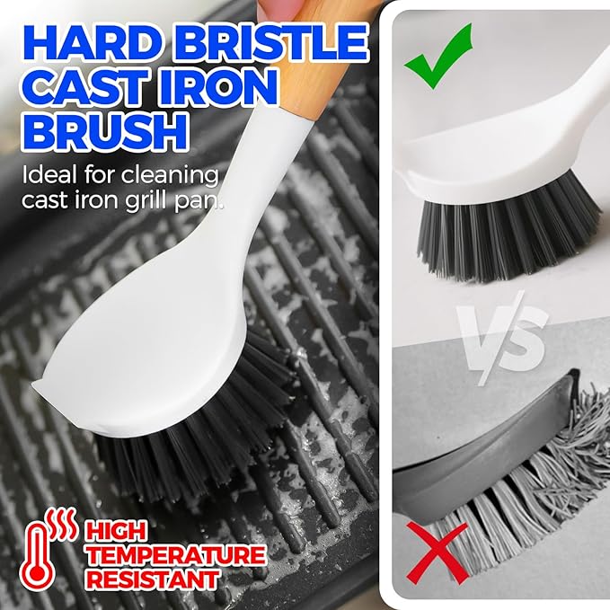 Holikme 3 Pack Dish Brush Set with Bamboo Handle, Kitchen Brushes for Cleaning Pot, Sink and Stove, Skillet Scrubber with Tough Bristles for Cast Iron Grill Pan, Yellow White Black